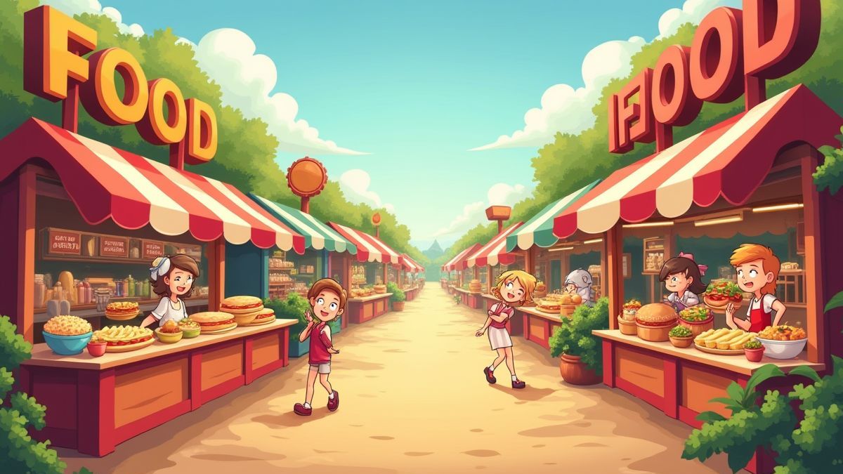 A lively food market with various stalls and happy characters.