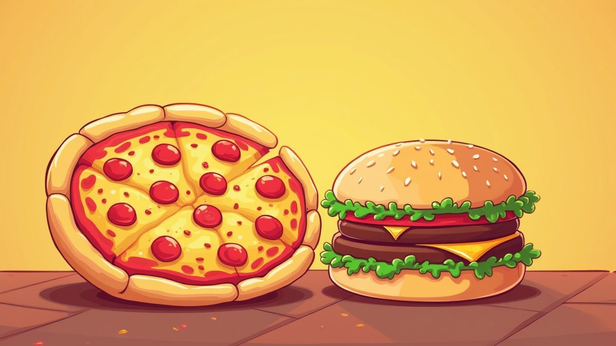 An illustration of a pizza and hamburger in a cartoon style against a vibrant background.