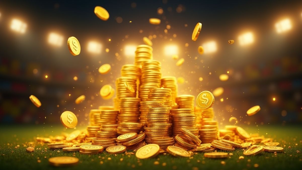 Golden coins and multipliers against a football-themed background.
