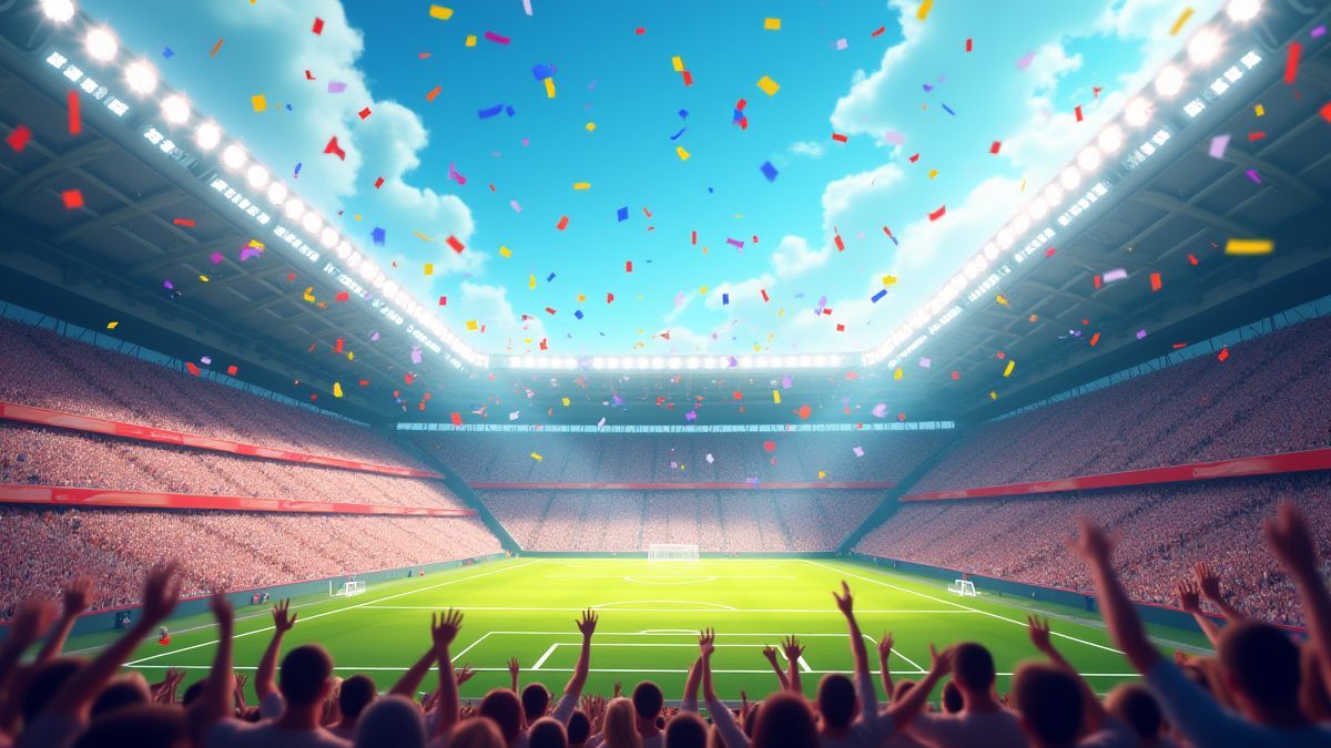 Animated football stadium with fans cheering and confetti in the air.