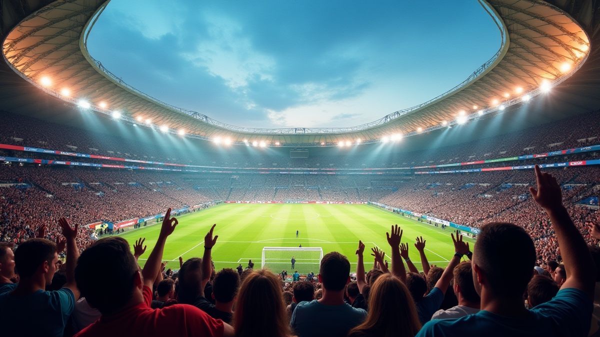 Estadio lleno de aficionados animando.