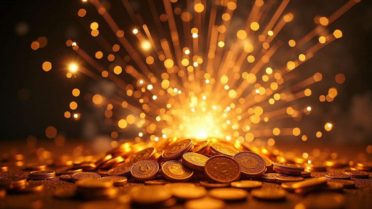 Monedas de oro y fuegos artificiales en una celebración.