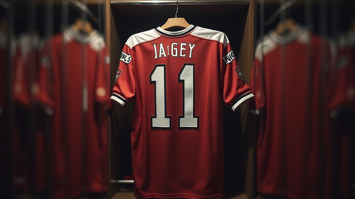 Football jersey in a locker room.