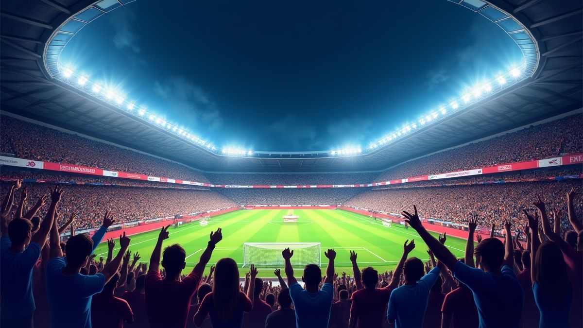 Lebhaftes Fußballstadion mit Lichtern und Publikum.