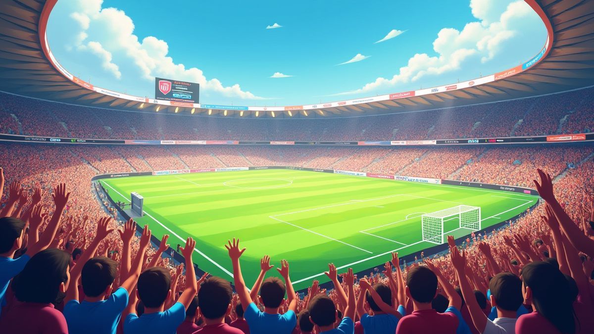 Animated football field with a vibrant crowd and a visible scoreboard.