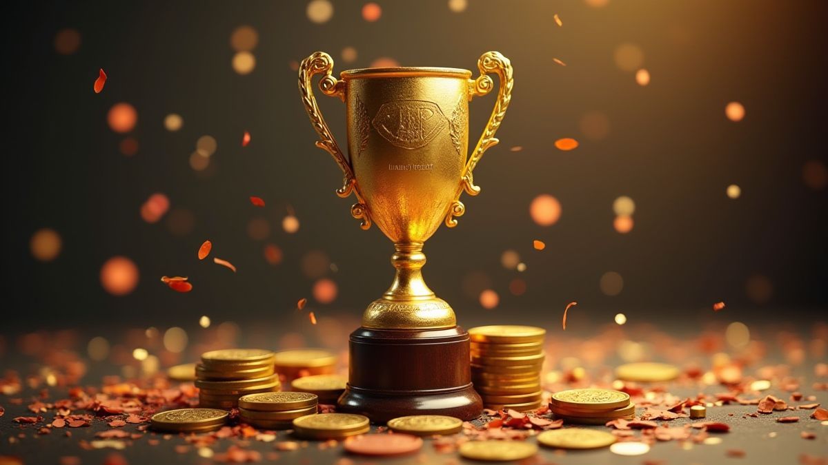 Golden trophy surrounded by coins and confetti with a football theme.
