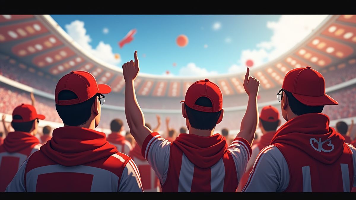 Aficionados con bufandas y gorras celebrando en el estadio.