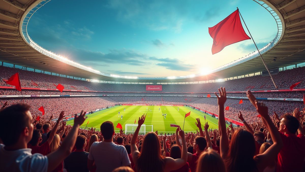 Estadio de fútbol vibrante lleno de aficionados animando.