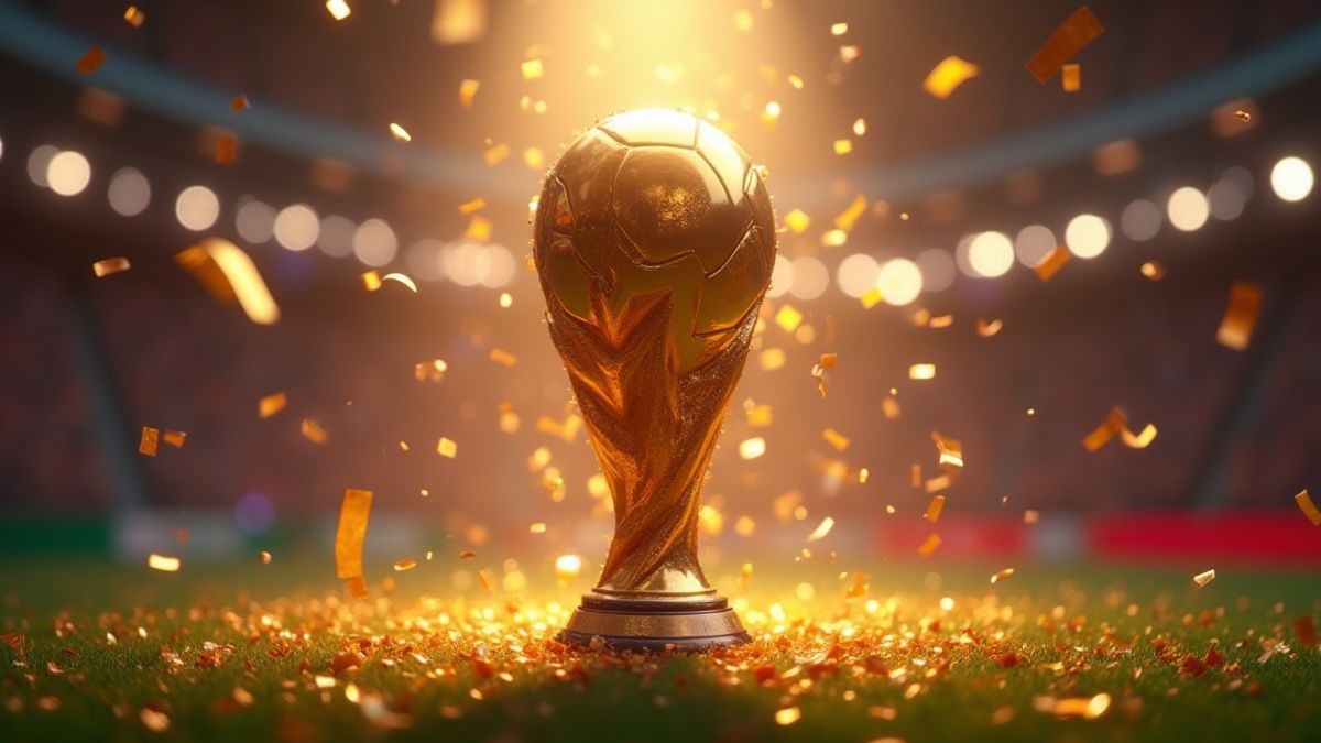 Football trophy surrounded by confetti and bright lights.