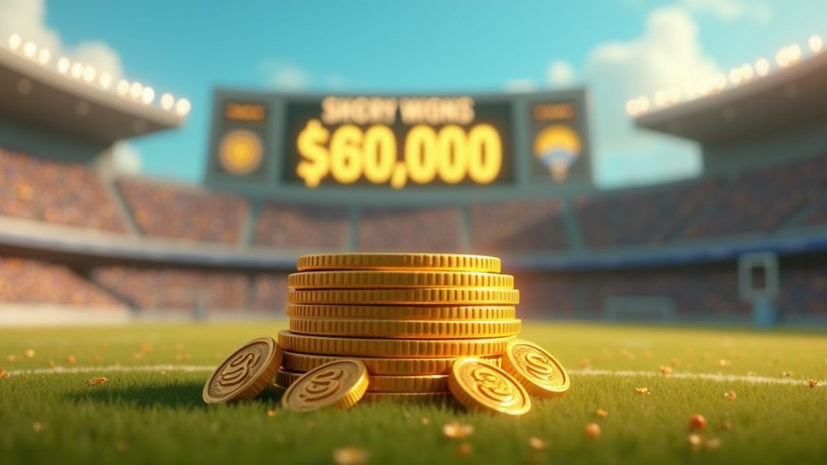Stack of golden coins on a football field with a scoreboard of big winnings.