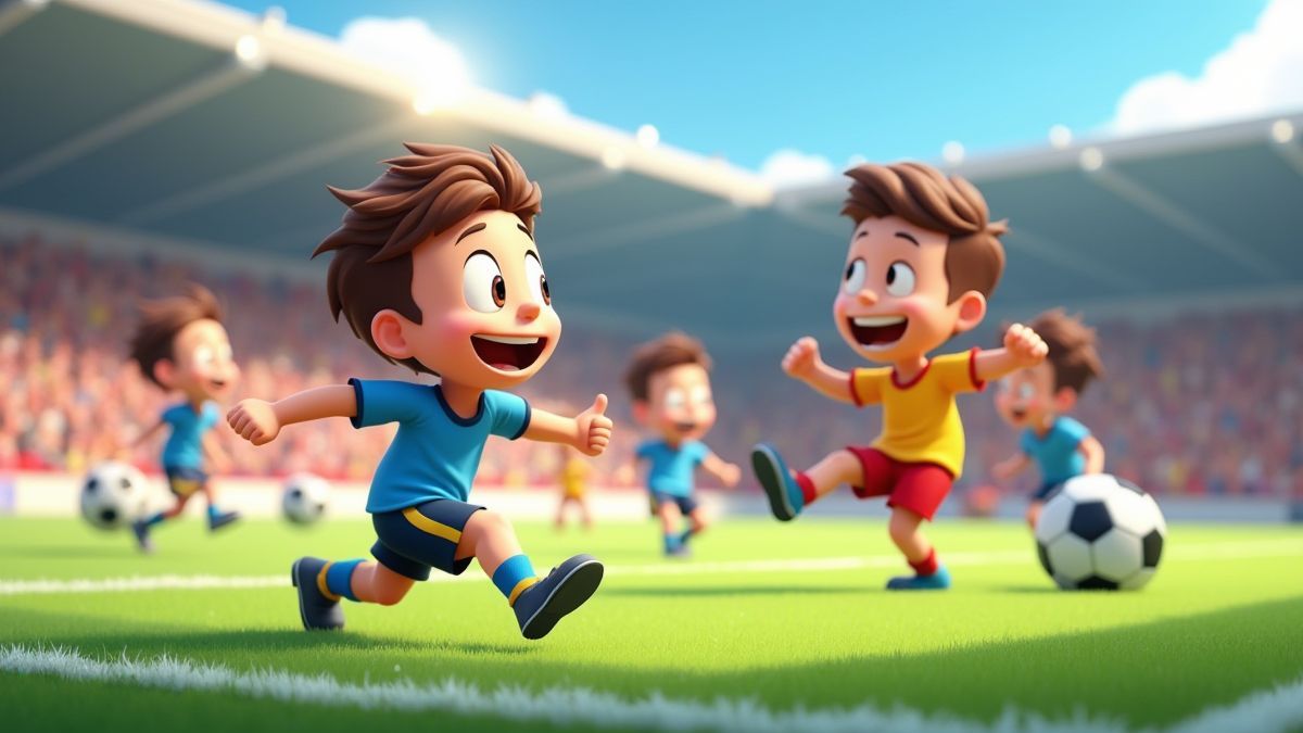 Animierte Spieler feiern ein Tor in einem Fußballspiel.