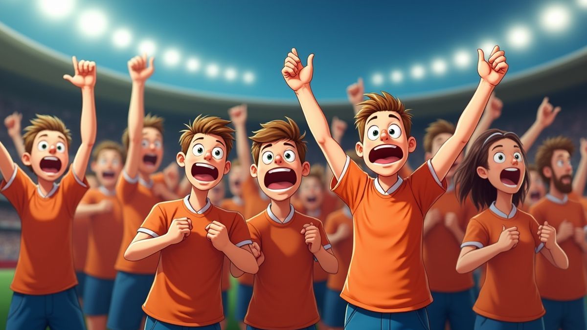 Animierte Fans jubeln in einem Fußballstadion.