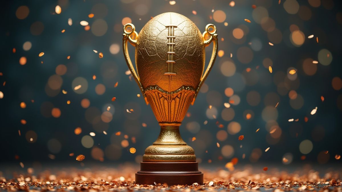 Trofeo de fútbol rodeado de confeti