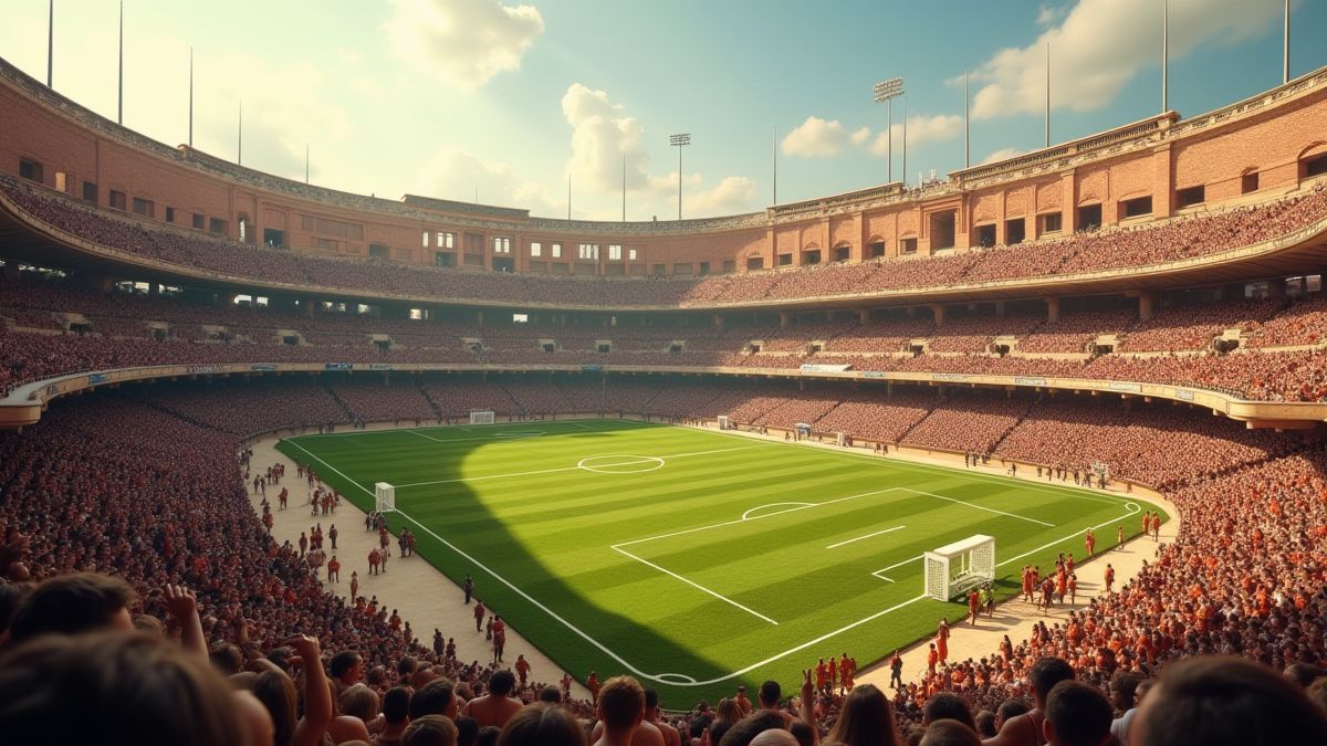Coliseo romano con una cancha de fútbol rodeada de gladiadores y leones.