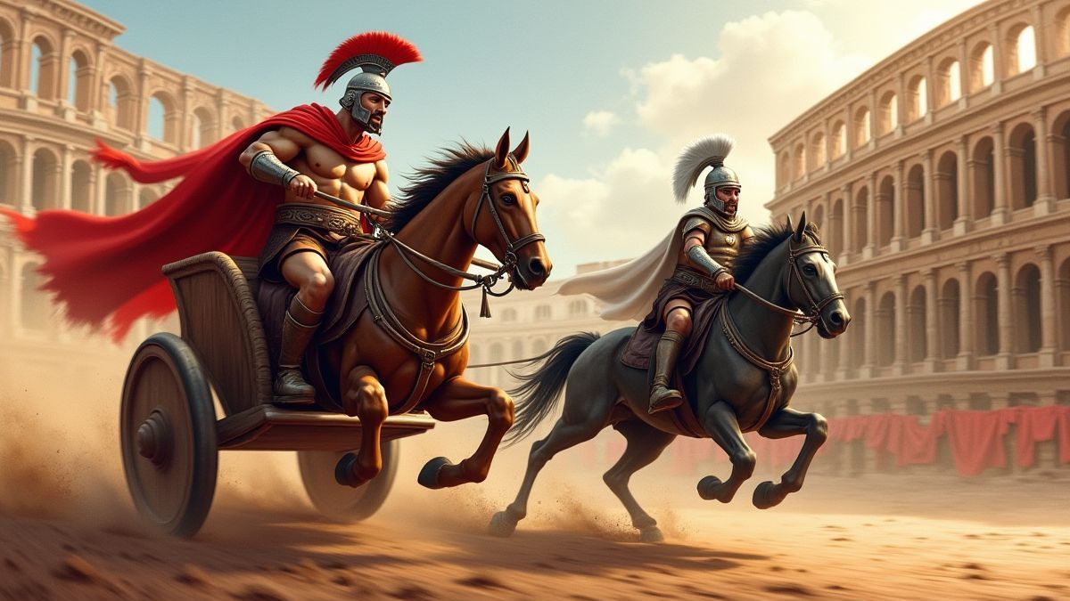 Gladiador corriendo en carro contra un caballero oscuro.