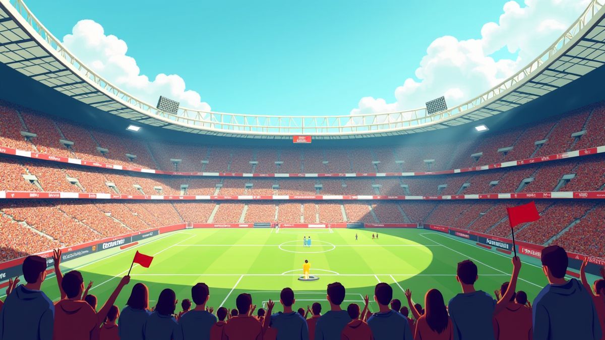 Illustrated football stadium with cheering fans.