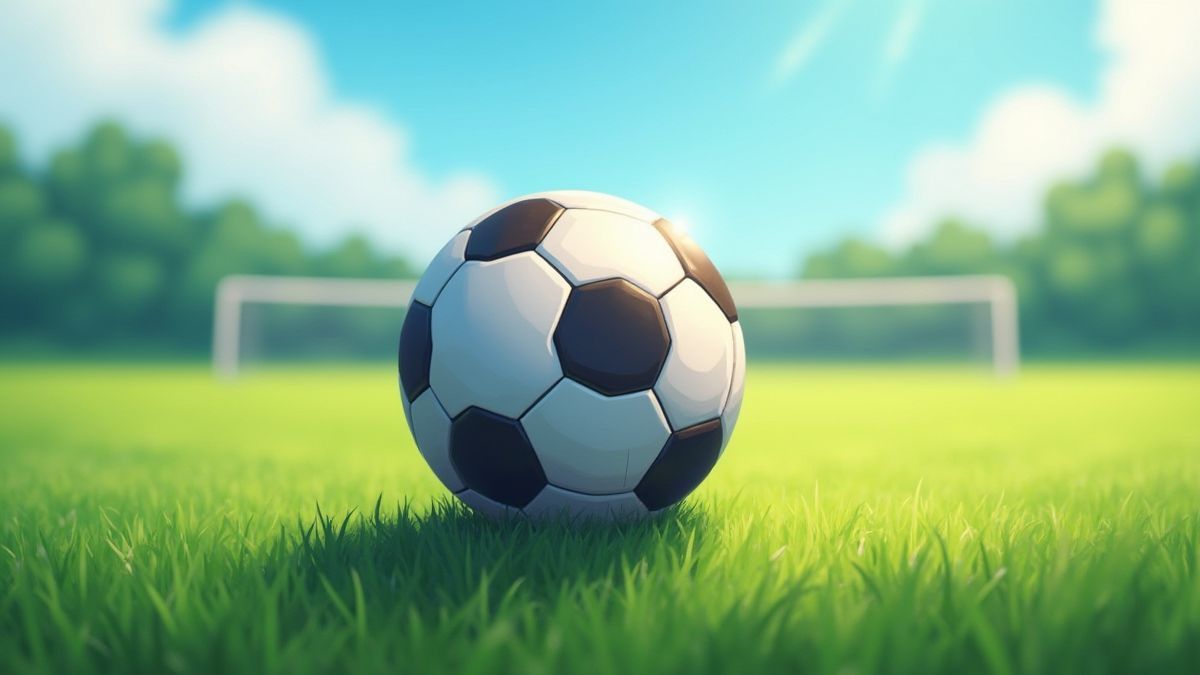 Balón de fútbol sobre un campo verde con porterías al fondo.