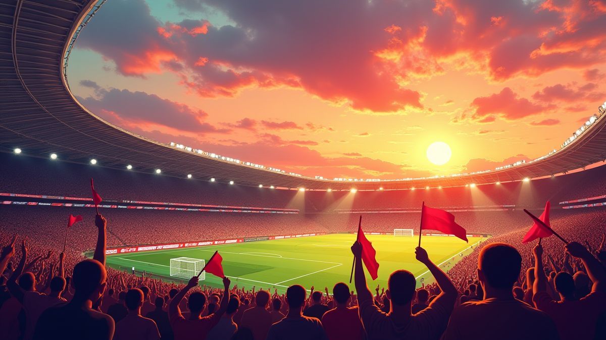 Estadio de fútbol al atardecer con aficionados agitando banderas.