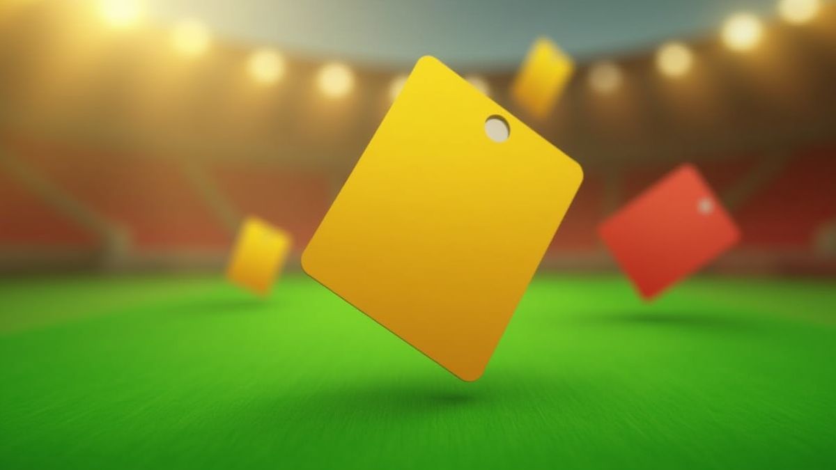 Tarjetas rojas y amarillas animadas flotando sobre un campo de fútbol.