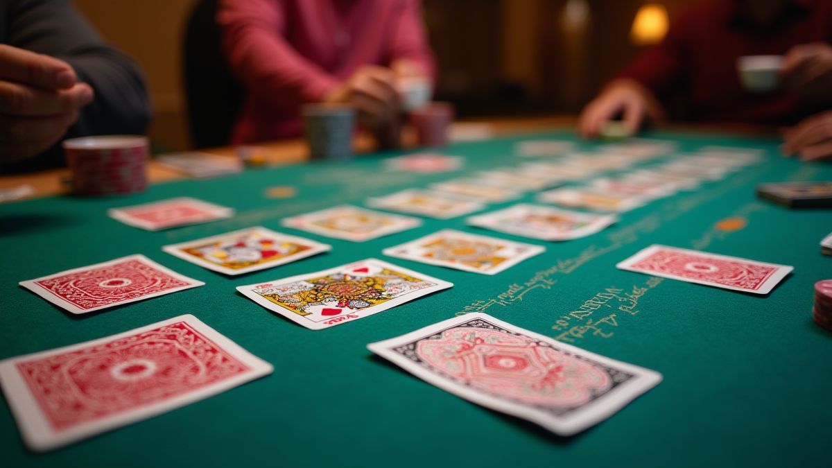 Mesa de juego con cartas y un dealer preparado.