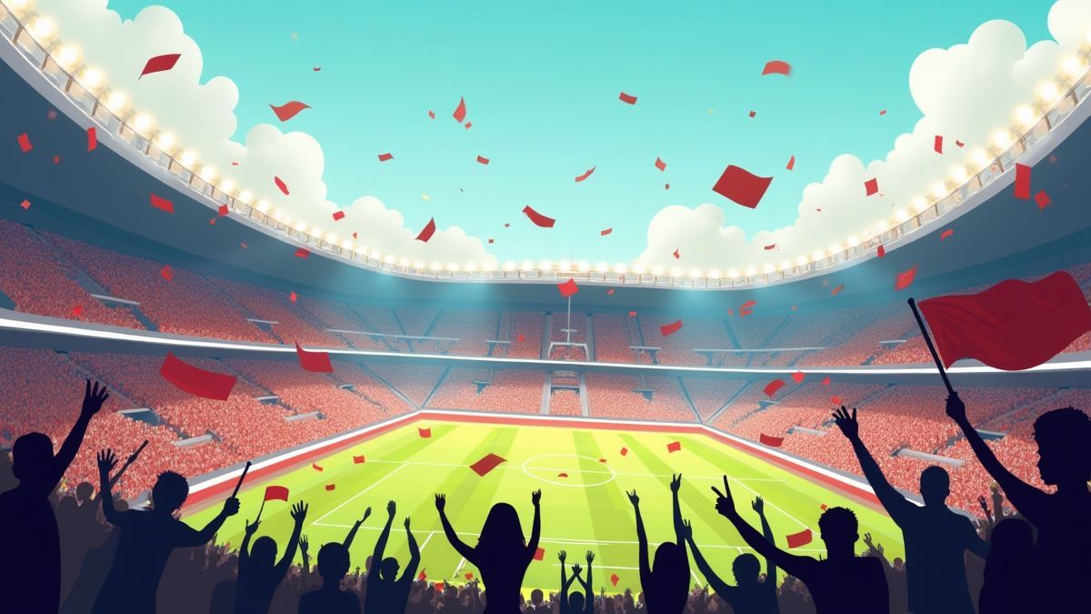 Fans cheering in a football stadium.