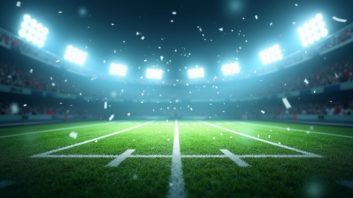 Football field illuminated with confetti.