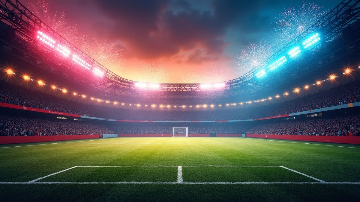 Fußballstadion mit Feuerwerk zur Feier eines Tores.