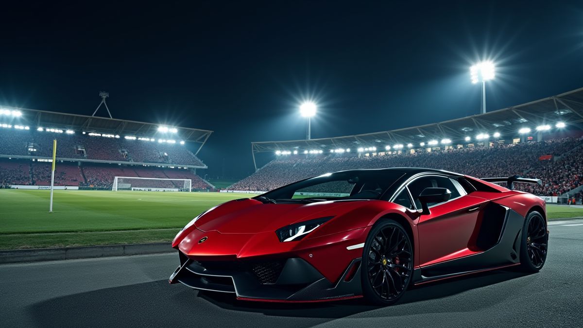 Ein Luxus-Sportwagen vor einem beleuchteten Fußballstadion.