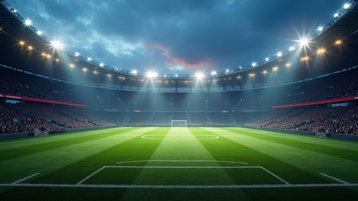 Stade de football illuminé au crépuscule.