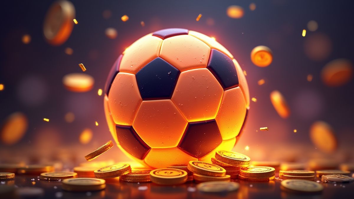 Uma bola brilhante cercada por moedas e multiplicadores em estilo animado.