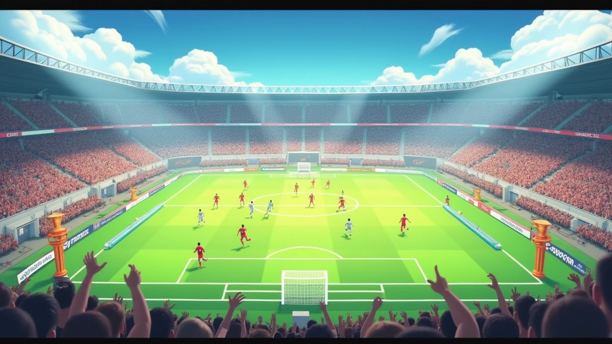 Animated football field with players and fans.