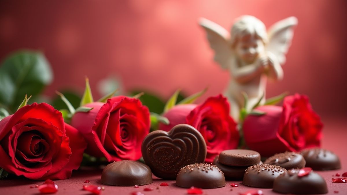 Rosas e bombons em um ambiente romântico.