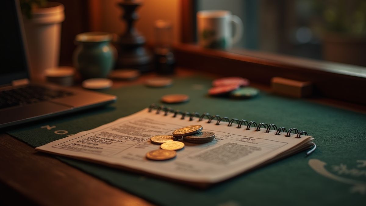 Escritorio com fichas e moedas para apostar.