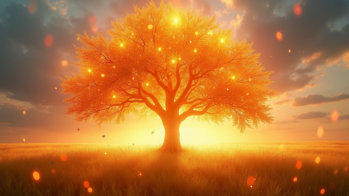 Árbol de frutas brillantes en un campo soleado.
