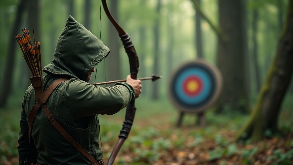Robin Hood disparando una flecha hacia un objetivo en el bosque.