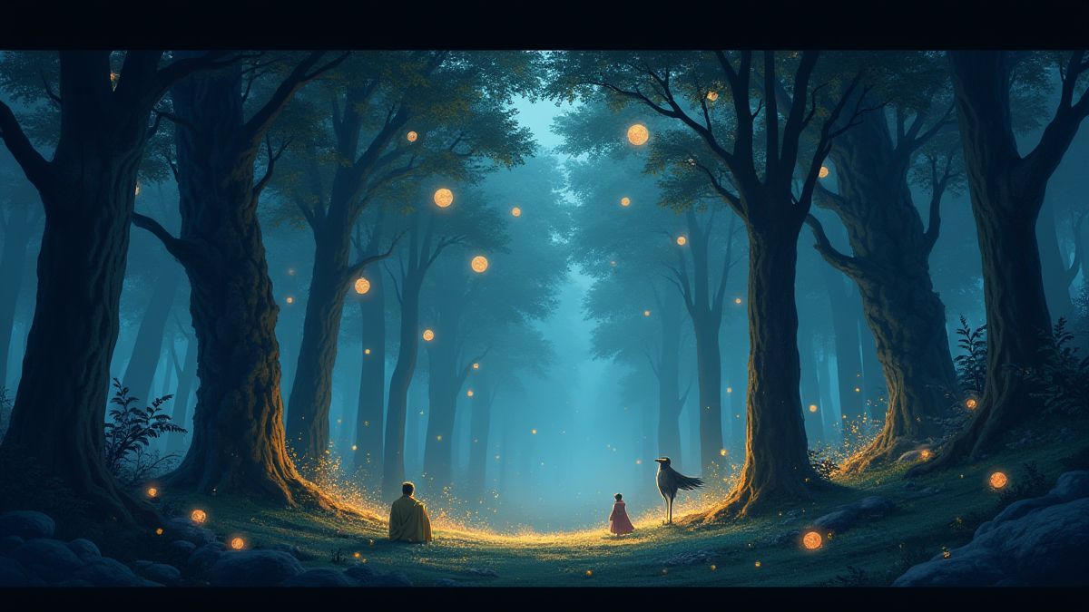 Une forêt japonaise magique pleine d'orbes brillantes et de créatures fantastiques.