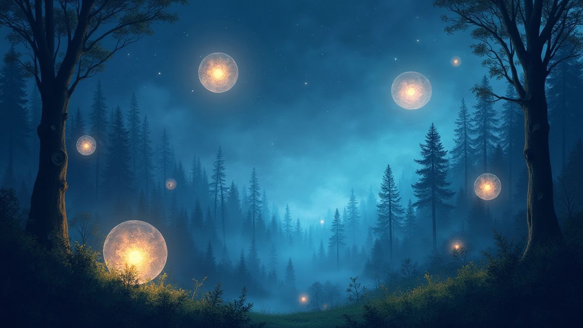 Des sphères brillantes flottant au-dessus d'une forêt magique, représentant l'énergie.