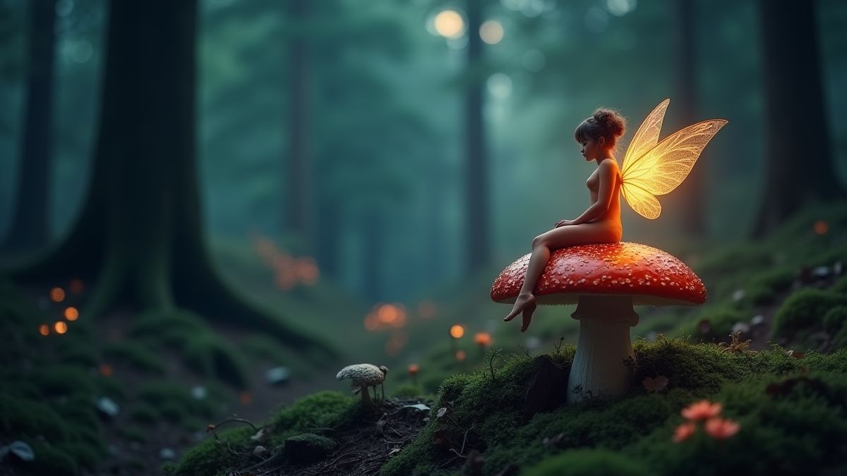 Fée lumineuse assise sur un champignon magique dans la forêt.