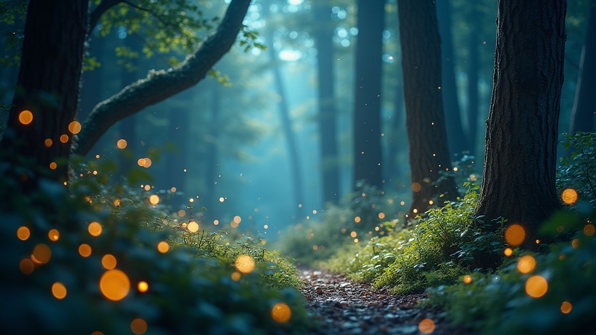 Scène de forêt magique avec des lumières brillantes et de la poussière de fées.