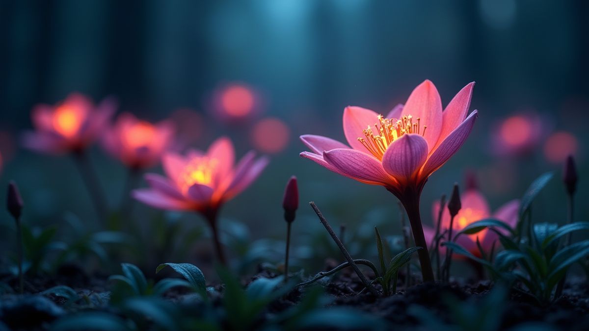 Fleurs brillantes dans un cadre de forêt magique.