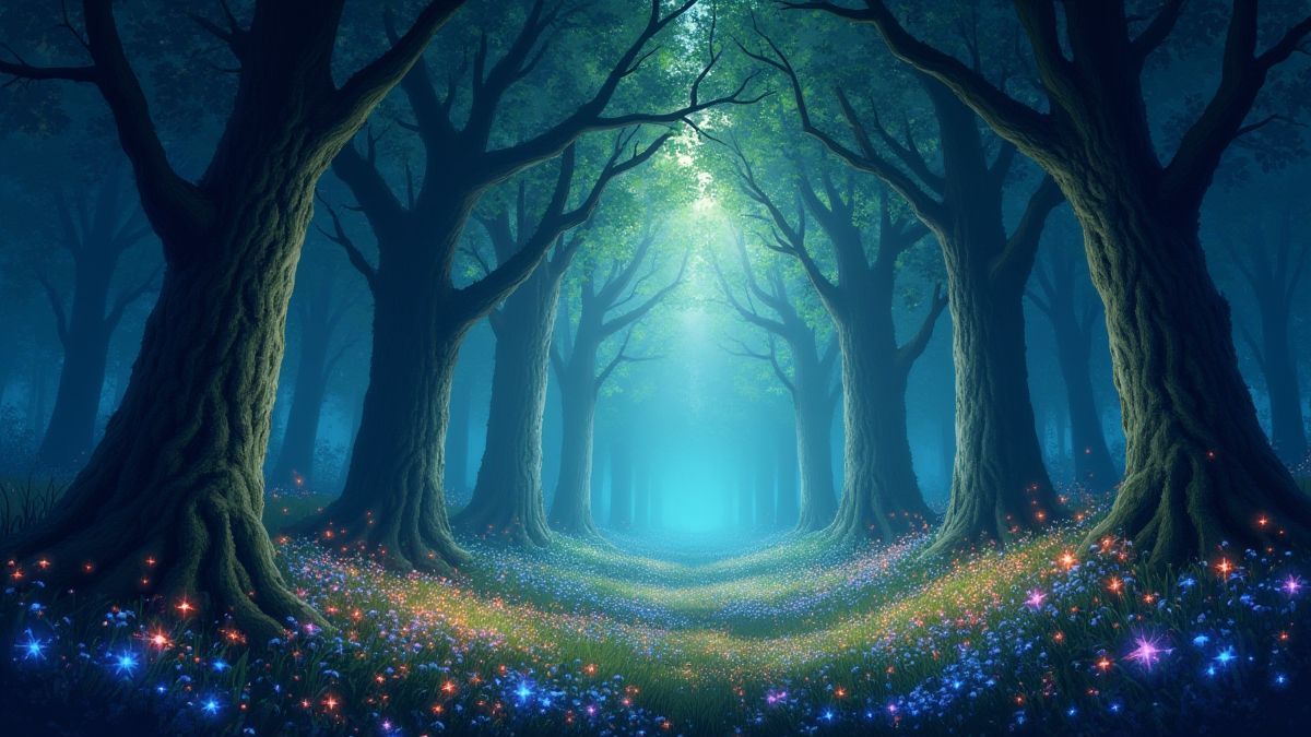 Bosque mágico com árvores resplandecentes e flores brilhantes.