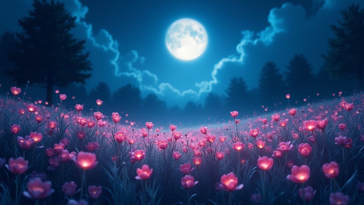 Campo de flores encantadas brilhando sob a luz da lua.