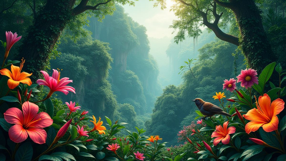 Un bosque tropical con flores vibrantes y animales exóticos.