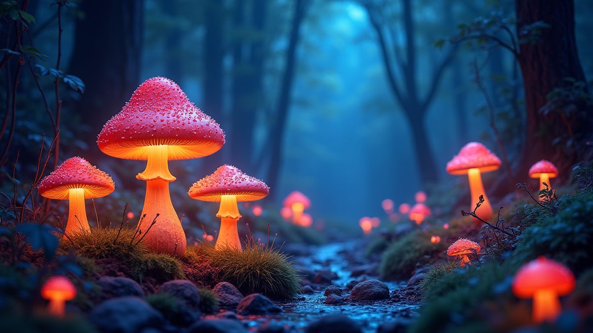 Uma floresta encantada cheia de cogumelos coloridos e criaturas mágicas.