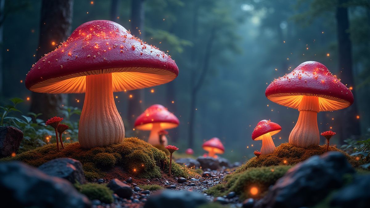 Uma clareira mágica com cogumelos brilhantes e brilhos de tesouros.