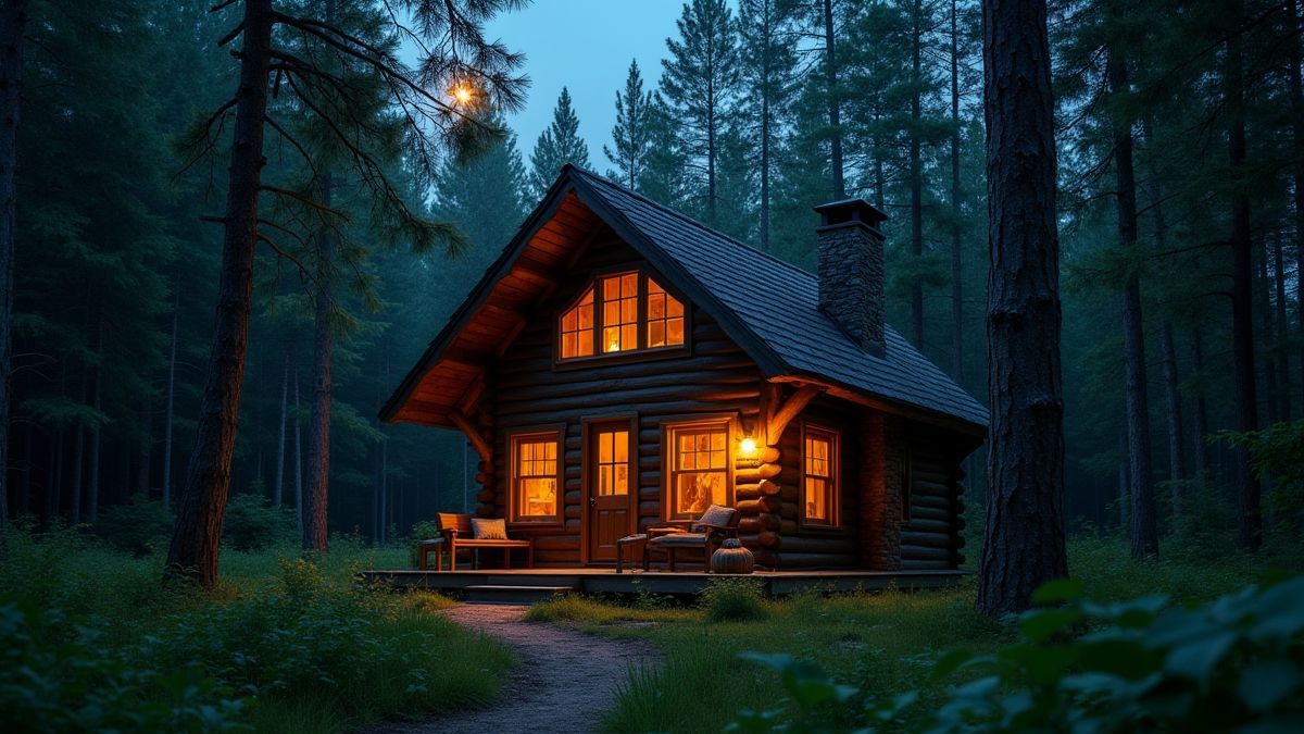 A cozy wooden cabin in the middle of a forest illuminated by moonlight.