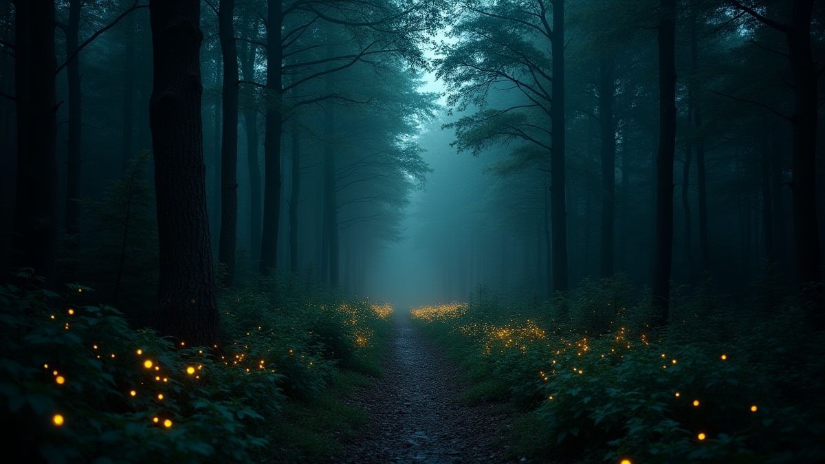 A path in a dense forest illuminated by fireflies.