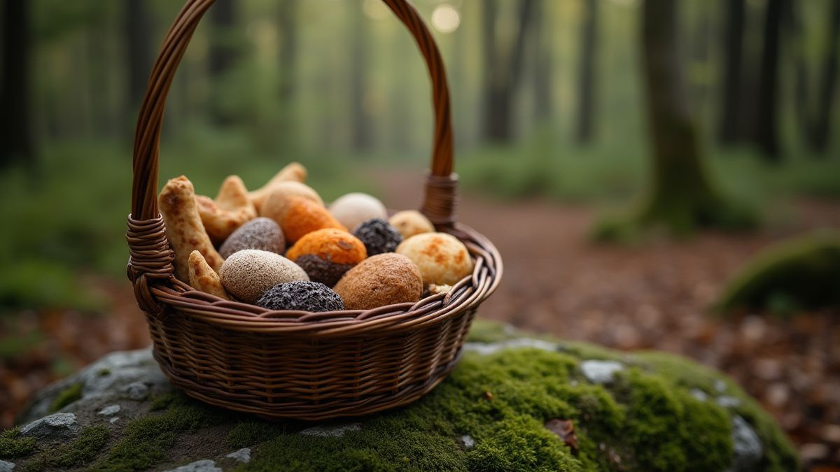 A wicker basket filled with treats on a moss-covered rock.