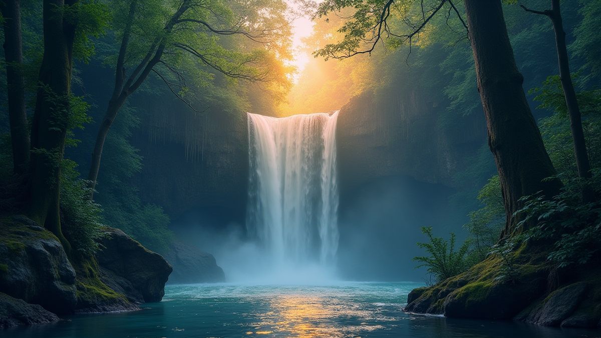 Una cascada brillante rodeada por árboles en un bosque mágico.
