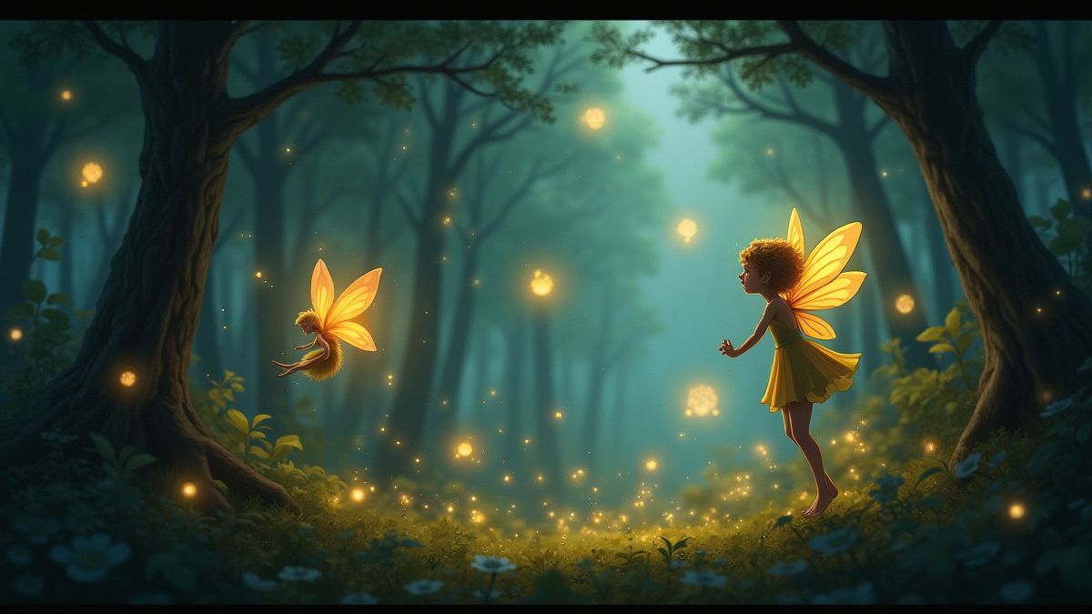 Criaturas mágicas como luciérnagas brillantes y hadas volando en un bosque.